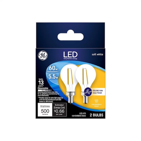 A15 E12 (Candelabra) LED Light Bulb Soft White 60 Watt Equivalence , 2PK